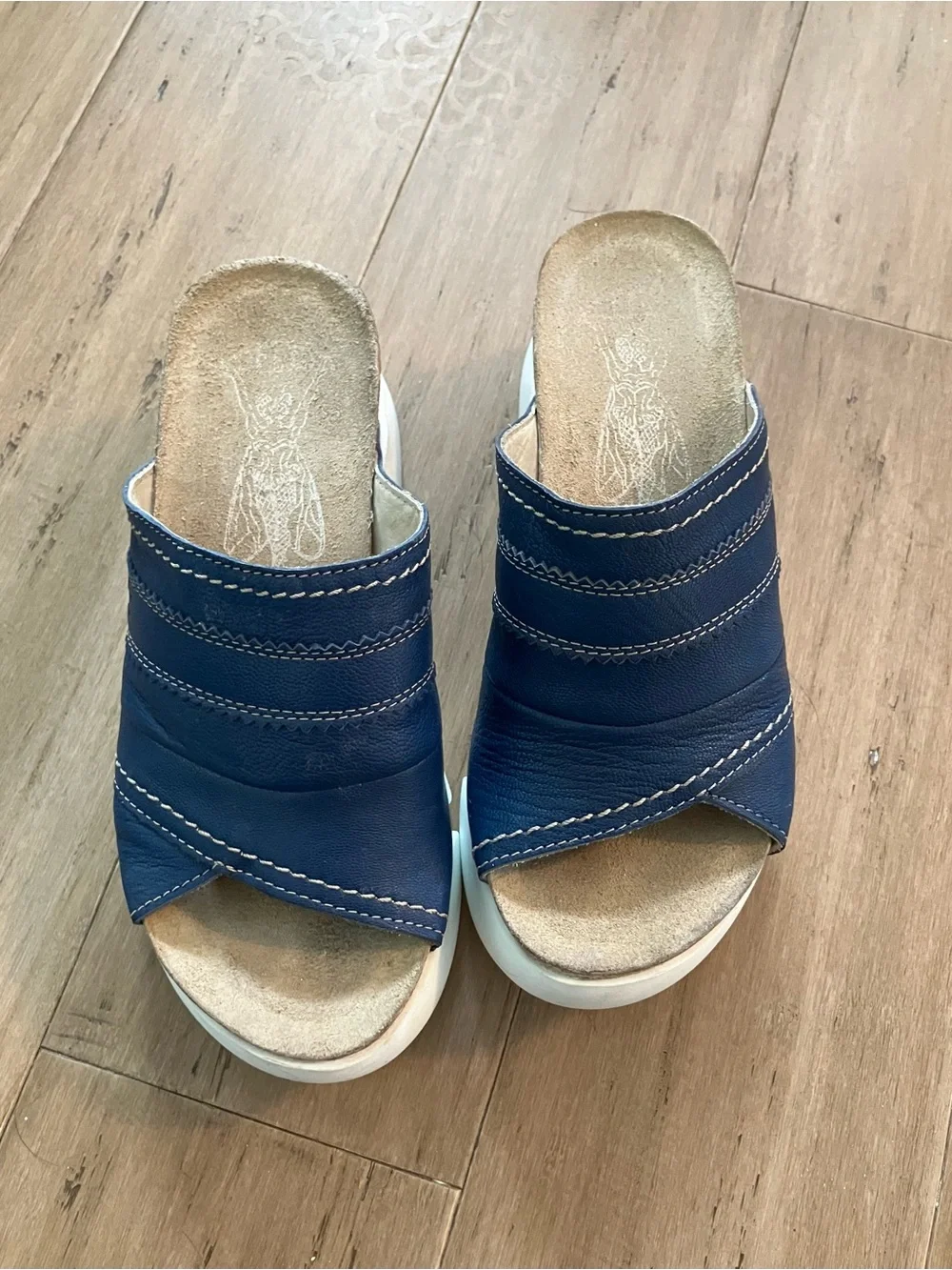 Fly London dark blue leather slide platform sandals. Size 5.5